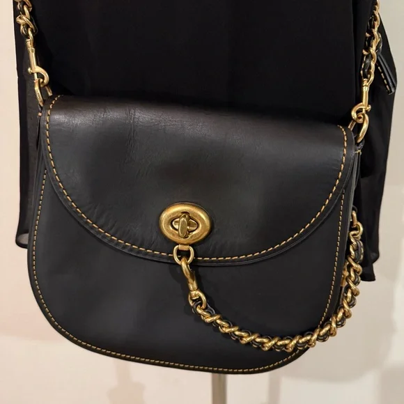 COACH 1941 Turnlock Saddle Crossbody Bag in Black Leather & Metal Braided Strap - Picture 11 of 14